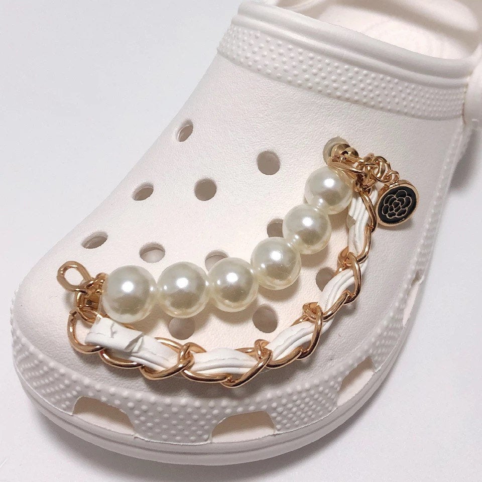 Luxury Gold/White Leather Chain Charms For Crocs. Suitable For Adult Crocs.