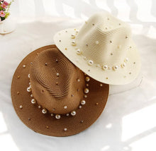 Load image into Gallery viewer, Pearl Decoration Fedora Summer Beach Hat for women
